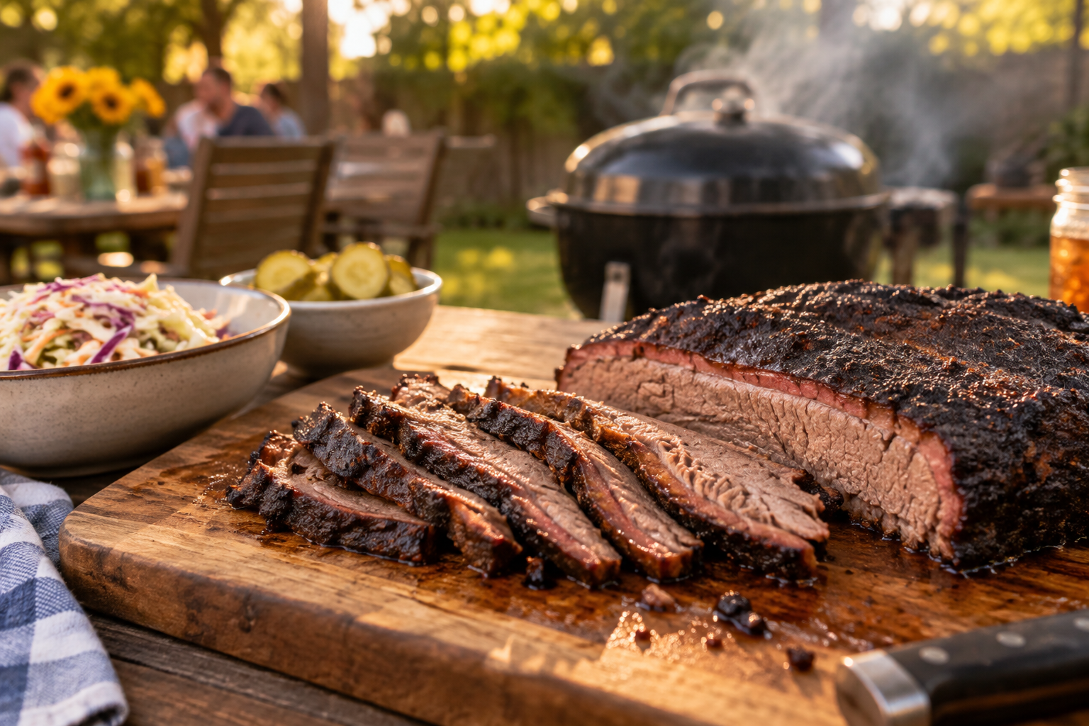 Brisket, slaw, and pickles at a backyard BBQ